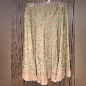 Carole Little Linen Skirt with Green Embroidered Flowers with Beaded Centers
